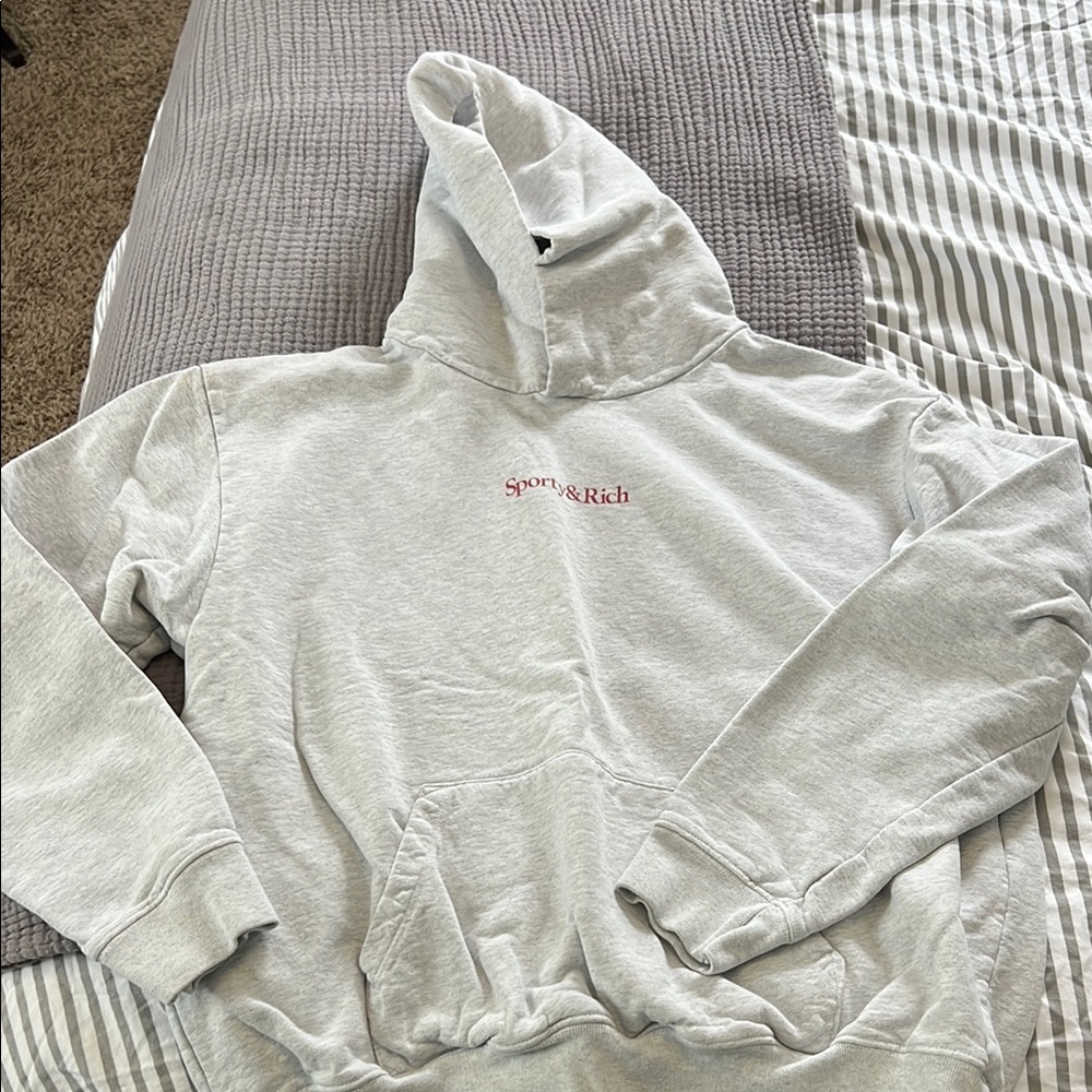 Sporty & Rich Light Gray Hoodie with Red Logo